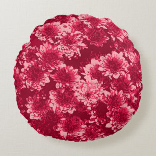 Modern Graphic Dahlia Mönster, Burgundy och Rosa Rund Kudde