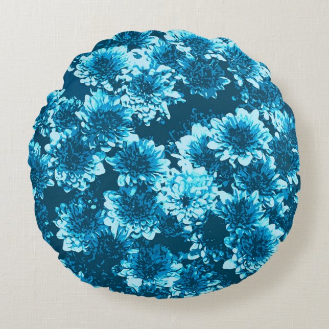 Modern Graphic Dahlia Mönster, Indigo Blue Rund Kudde (Framsidan)