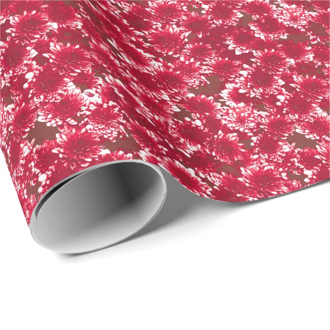Modern Graphic Dahlia Mönster, Mörk Red and White Presentpapper (Rullad Hörn)