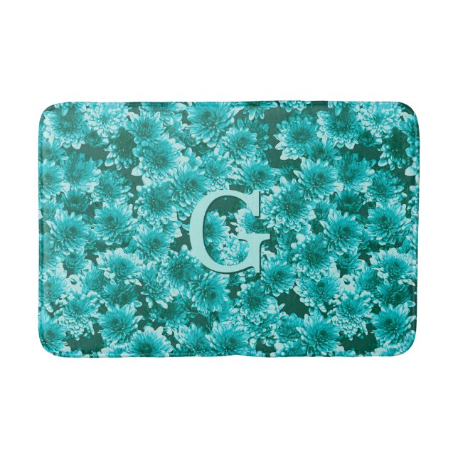 Modern Graphic Dahlia Mönster, Teal och Aqua Badrumsmatta (Framsidan)