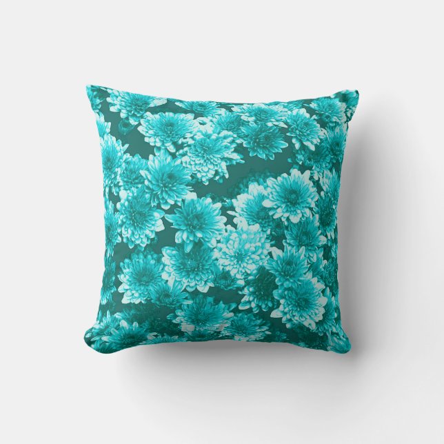 Modern Graphic Dahlia Mönster, Teal och Aqua Kudde (Framsida)