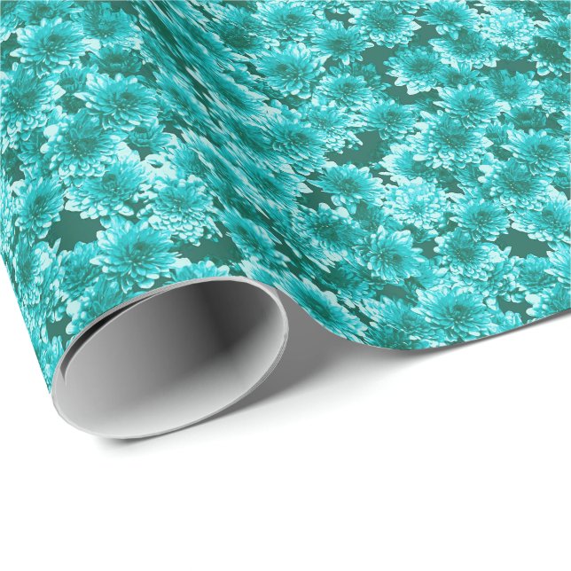 Modern Graphic Dahlia Mönster, Teal och Aqua Presentpapper (Rullad Hörn)