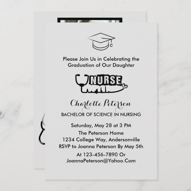 Modern Grått Anpassningsbar Photo Nurse Studentfes Inbjudningar (Fram/baksida)