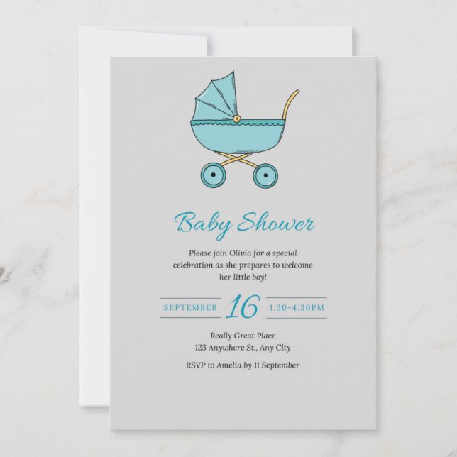 Modern Grått Baby Shower-inbjudan med Barnvagn Julkort (Framsida)