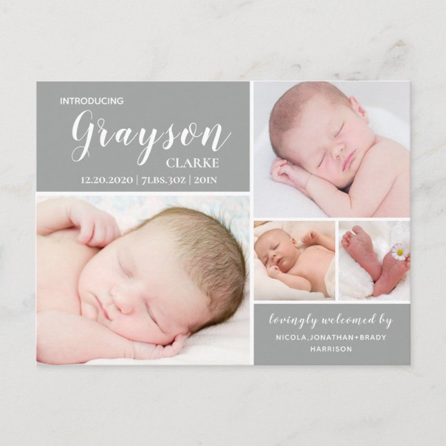 Modern Grått Birth Notification Postcard Vykort (Framsida)