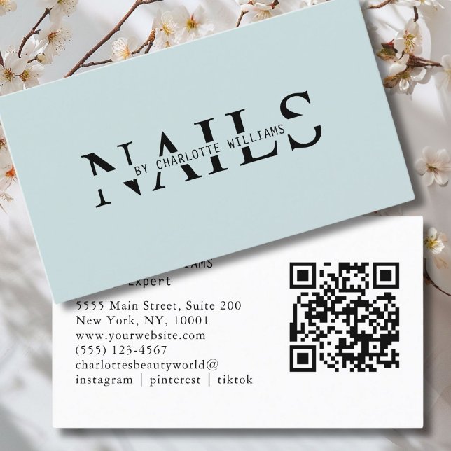 Modern, Grått-blå, QR-kod Visitkort (Modern, Gray-Blue, QR Code Business Card. Perfect for Beauty, Nails, Lashes, Hair experts and more.)