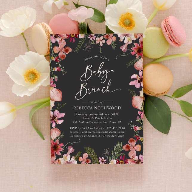 Modern Grått Boho Wildblommor Baby Brunch Shower Inbjudningar (Skapare uppladdad)