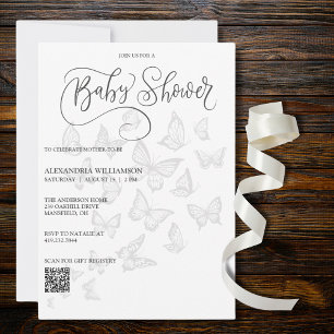 Modern Grått Butterflies Baby Shower QR-kod Inbjudningar