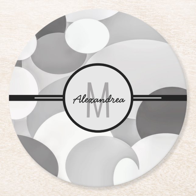 Modern Grått Circle Geometric Monogram Underlägg Papper Rund (Framsidan)