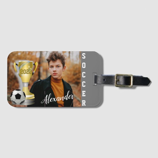 Modern Grått-fotbollsfoto och Namn för honom Bagagebricka (Framsida horisontal)