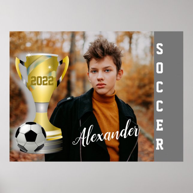 Modern Grått-fotbollsfoto och Namn för honom Poster (Framsidan)