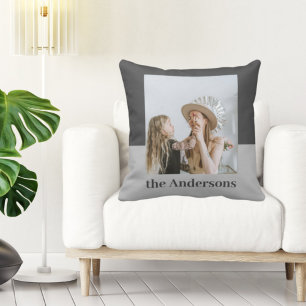Modern Grått Foto Familj Namn Gift Kudde