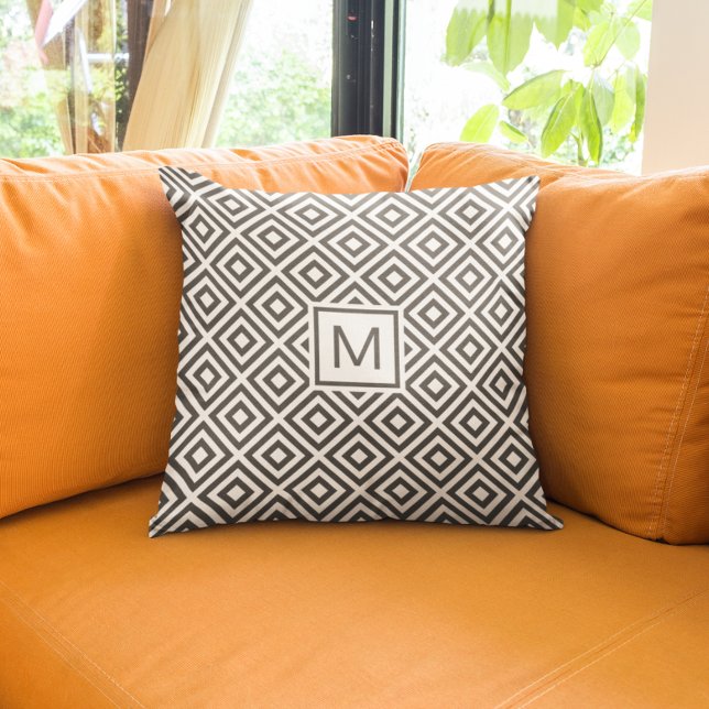 Modern Grått Geometric Mönster med Monogram Kudde (Skapare uppladdad)