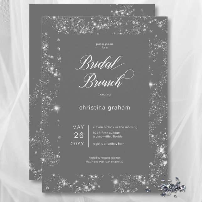 Modern Grått Glam Diamond Ram Möhippa Brunch Inbjudningar (Modern Gray Glam Diamond Frame Bridal Brunch Invitation)