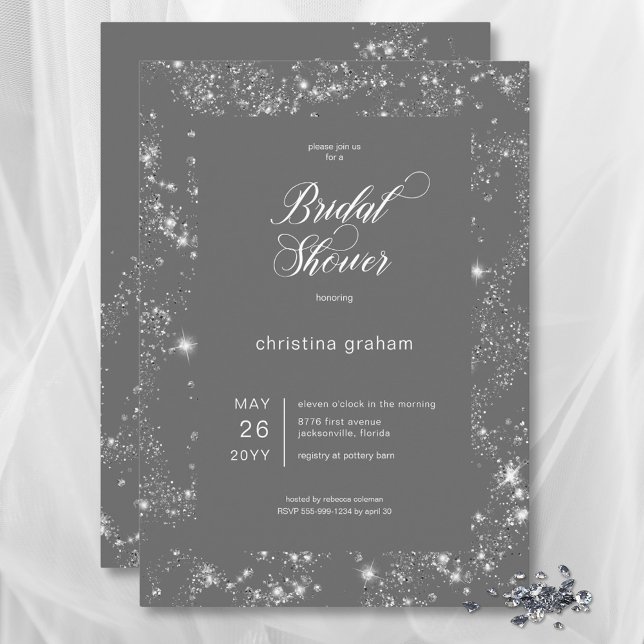Modern Grått Glam Diamond Ram Möhippa Inbjudningar (Modern Gray Glam Diamond Frame Bridal Shower Invitation)