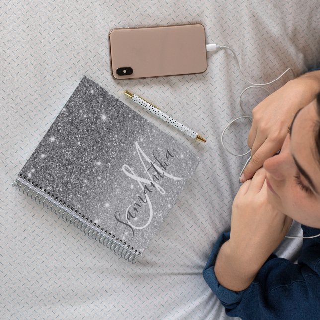 Modern Grått Glitter Sparkles Personlig Namn Anteckningsbok (Skapare uppladdad)
