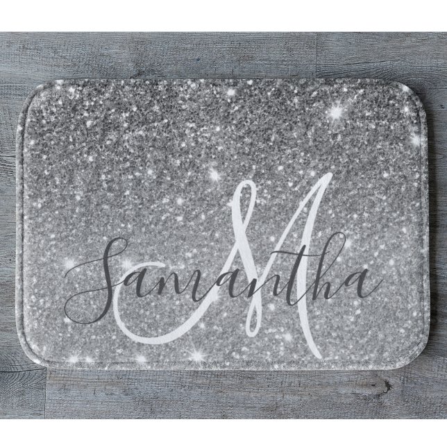 Modern Grått Glitter Sparkles Personlig Namn Badrumsmatta (Skapare uppladdad)