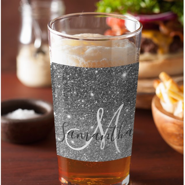 Modern Grått Glitter Sparkles Personlig Namn Glaskopp (Skapare uppladdad)