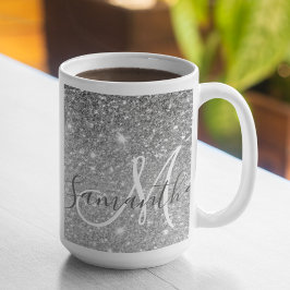 Modern Grått Glitter Sparkles Personlig Namn Kaffemugg