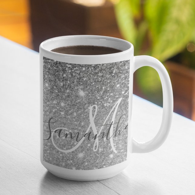 Modern Grått Glitter Sparkles Personlig Namn Kaffemugg (Skapare uppladdad)