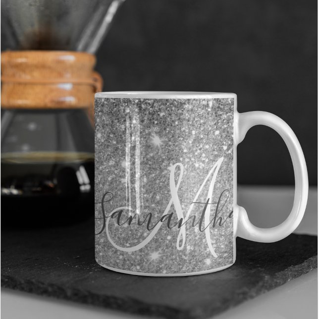 Modern Grått Glitter Sparkles Personlig Namn Kaffemugg (Skapare uppladdad)