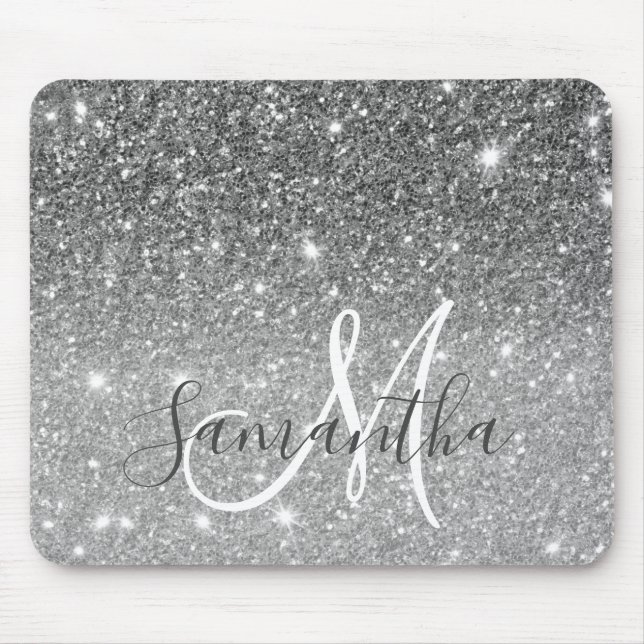 Modern Grått Glitter Sparkles Personlig Namn Musmatta (Framsidan)