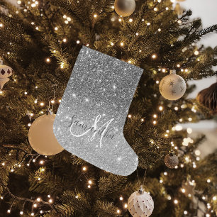 Modern Grått Glitter Sparkles Personlig Namn Stor Julstrumpa