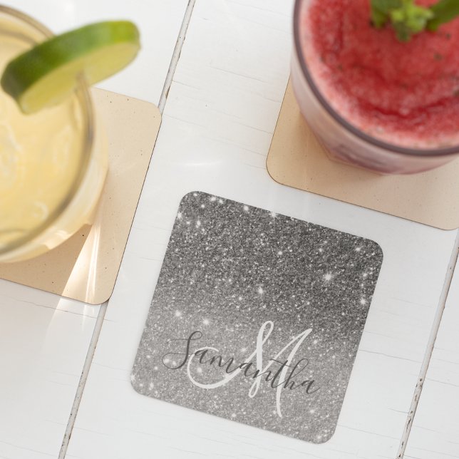 Modern Grått Glitter Sparkles Personlig Namn Underlägg Papper Kvadrat (Skapare uppladdad)