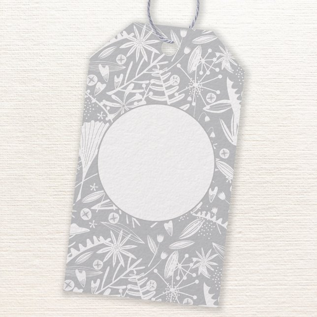 Modern Grått Graphic Blommigt Botanical Presentetikett (Silver gray botanical pattern gift tags)