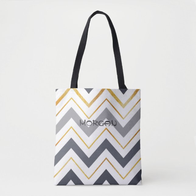 Modern Grått & Guld Chevron Personlig Tote Bag ✨ Tygkasse (Framsida)