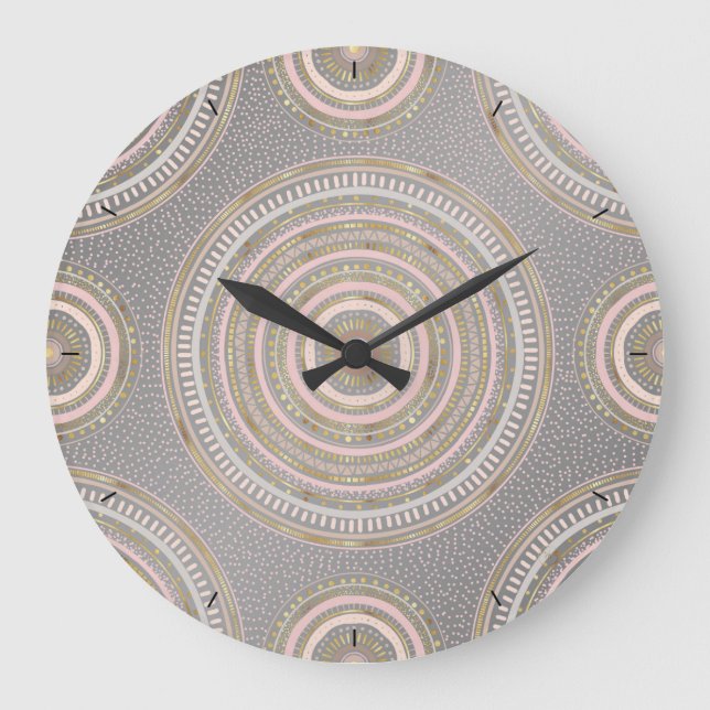 Modern Grått Guld Geometric Mandala Stor Klocka (Framsida)