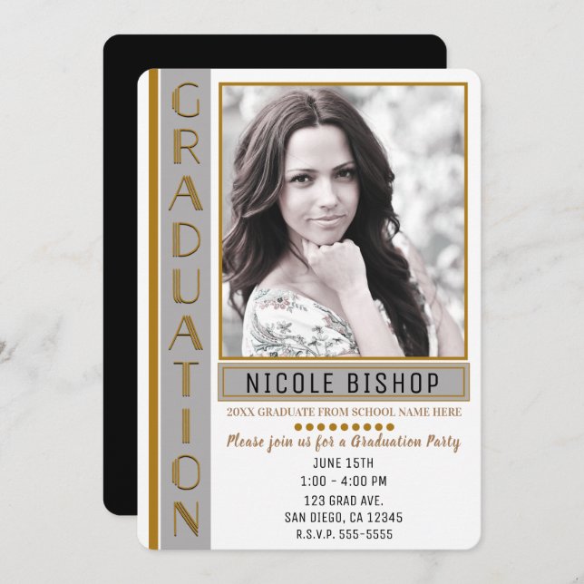 Modern Grått Guld Studentfest Student Photo Inbjudningar (Fram/baksida)