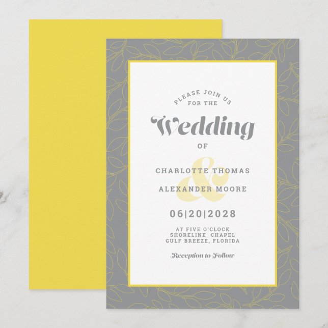 Modern Grått & Gult Abstrakt Löv Mönster Inbjudningar (Fram/baksida)