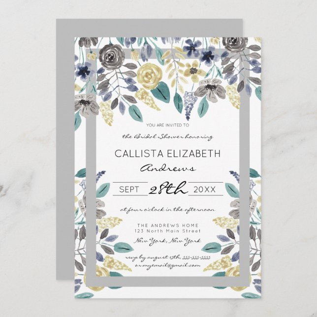 Modern Grått Gult Blommigt Watercolor Möhippa Inbjudningar (Fram/baksida)