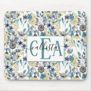 Modern Grått Gult Blommigt Watercolor Monogram Musmatta