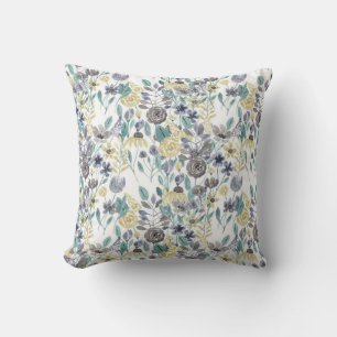 Modern Grått Gult Blommigt Watercolor Mönster Kudde