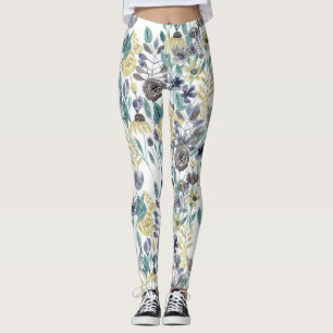 Modern Grått Gult Blommigt Watercolor Mönster Leggings