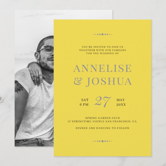 Modern grått gult-trendig, enkelt foto bröllop inbjudningar (Fram/baksida)