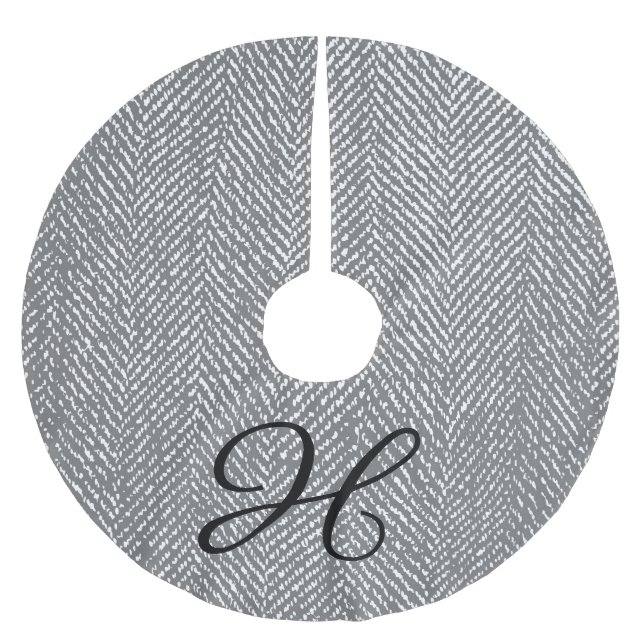 Modern Grått Herringbone & Black Family Monogram Julgransmatta Borstad Polyester (Framsidan)