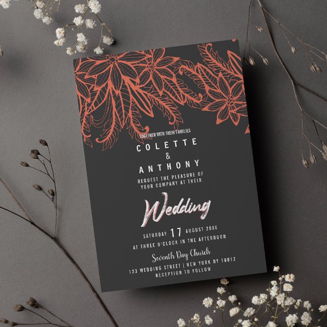 Modern grått-korallsommartema blommigt Bröllop Inbjudningar (Modern gray coral summer floral theme Wedding)