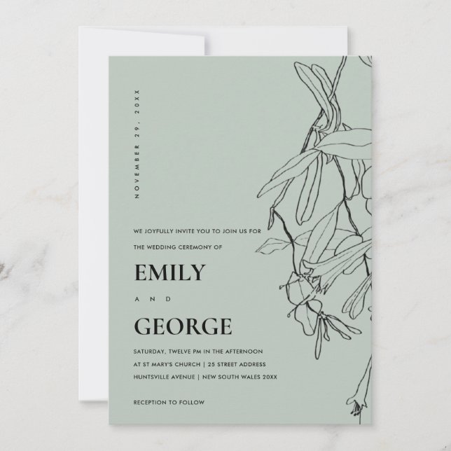 MODERN GRÅTT LINE TECKNING BLOMMIGT WEDDING INVITE TACK KORT (Framsida)