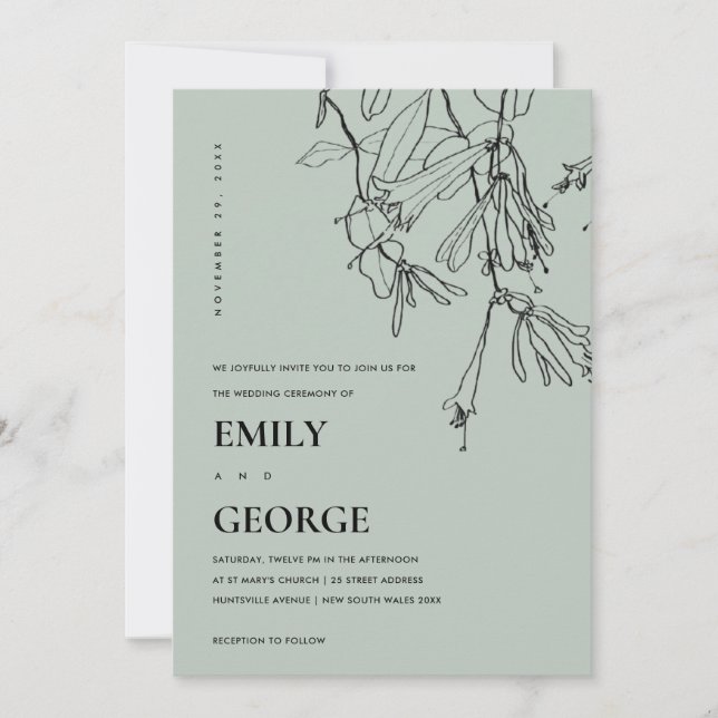 MODERN GRÅTT LINE TECKNING BLOMMIGT WEDDING INVITE TACK KORT (Framsida)