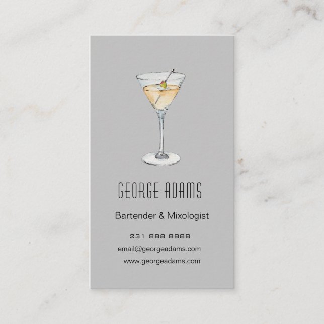 Modern grått Martini Bartender-Affärskortet Visitkort (Framsida)