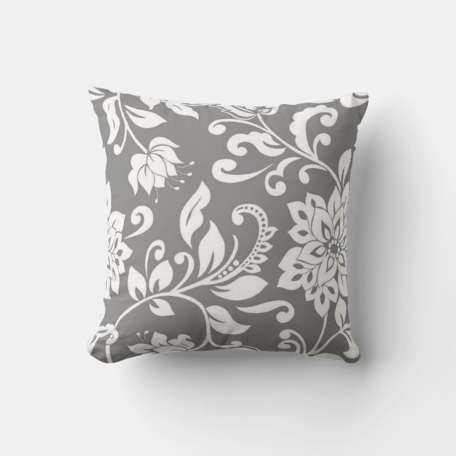 Modern Grått Monogram och Damask Dekorativ kudde (Framsida)