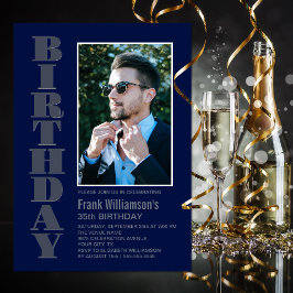 Modern Grått Navy Blue Photo-Födelsedagsfest i all Inbjudningar