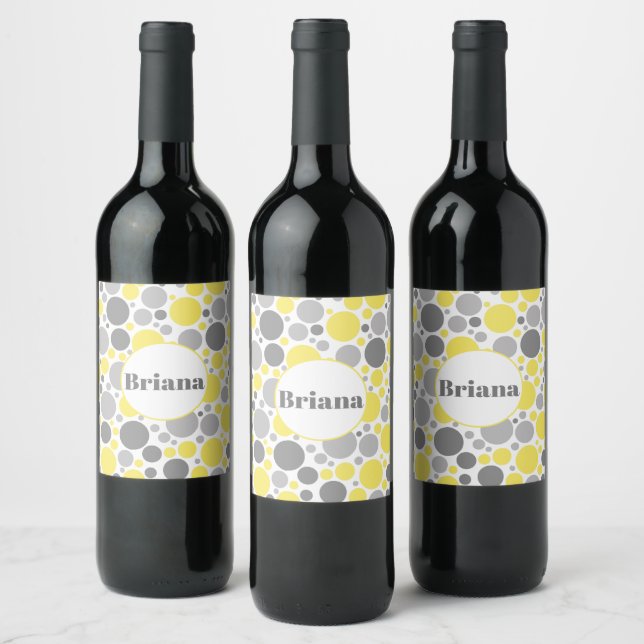 Modern Grått och Gult Bubbles-Personlig Vinflaska Etikett (Flaskor)