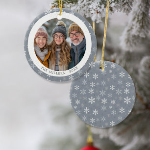 Modern Grått- och White Snöflingor Photo Julgransprydnad Keramik