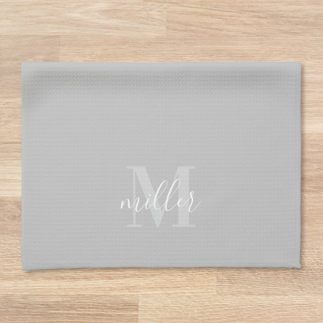 Modern Grått Personlig Family Namn Monogram Kökshandduk (Skapare uppladdad)
