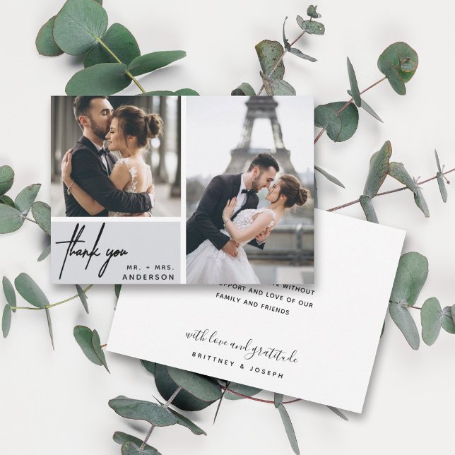 Modern Grått Photo Collage Bröllop Tack (Two photo hand lettered thank you wedding card with a minimalistic design perfect for any couple.)