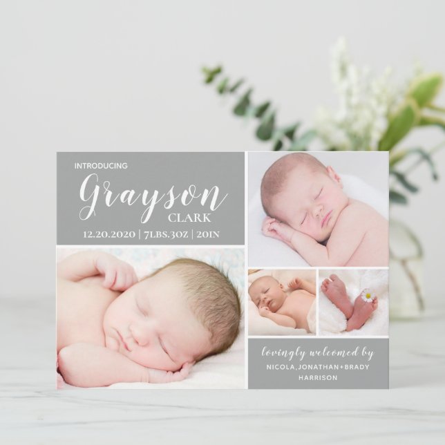 Modern Grått Photo Collage Pojke Birth Meddelande (Stående Fram)